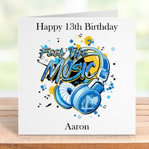 Cartão de aniversário personalizado para amantes da música, fones de ouvido personalizados e design Soundwave, disponível em azul, cinza, rosa ou roxo
