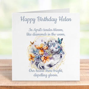 Personalisierte April Birthstone Geburtstagskarte, elegantes Diamant-Design, handgemachtes Geschenk für sie