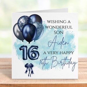 Carte personnalisée du 16e anniversaire pour un garçon, nom et âge personnalisés, fils, petit-fils, frère, neveu, souvenir d'une étape importante, conception de ballon bleu