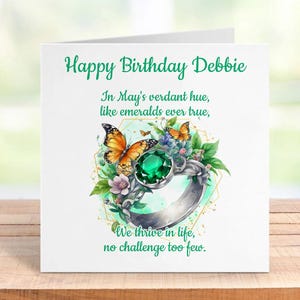 Mai Birthstone Geburtstagskarte, elegantes Smaragddesign, handgemachtes Geschenk für sie
