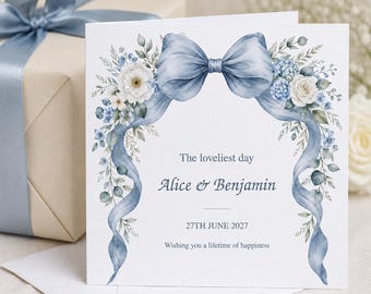 Personalised Wedding Day Card | Dusty Blue Bow & White Flowers | Any Names and Date | Floral Congratulations Card for Newlyweds