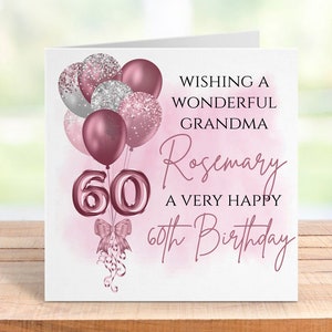 Biglietto di auguri personalizzato per il 60° compleanno, nome ed età personalizzati, mamma, nonna, zia, moglie, sorella, elegante ricordo, design a palloncino