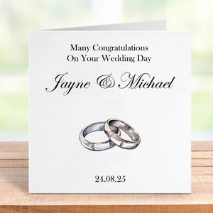 Carte de mariage personnalisée, bagues en or ou en argent, noms et date personnalisés, élégant souvenir de mariage