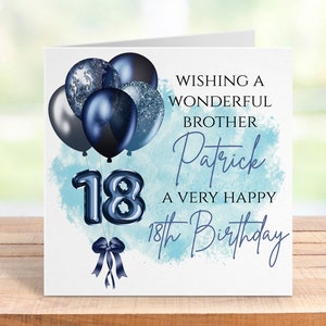 Biglietto di auguri personalizzato per il 18° compleanno di un uomo, nome ed età personalizzati, figlio, nipote, fratello, nipote, ricordo di un traguardo importante, design con palloncino blu