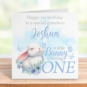 Carte personnalisée pour le 1er anniversaire d'un garçon, design lapin mignon, souvenir personnalisé pour fils, petit-fils ou neveu