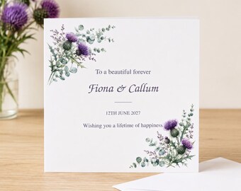 Personalised Scottish Wedding Card | Purple Thistle & Eucalyptus Design | Any Names and Date | Wedding Day Card for Newlyweds