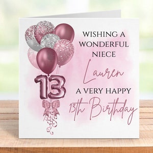 Carte personnalisée pour le 13e anniversaire d'une fille, ballon rose et argent, nom personnalisé, âge, carte souvenir