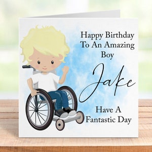 Tarjeta de cumpleaños personalizada para niño en silla de ruedas, tarjeta para niños inclusivos, tarjeta de felicitación con diseño adaptable, tarjeta de cumpleaños para niños con necesidades especiales.