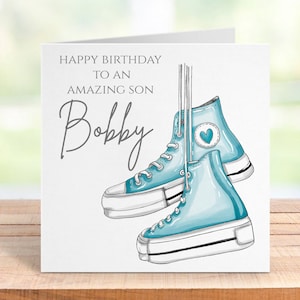 Carte d'anniversaire personnalisée avec baskets Chucks bleu cool, cadeau tendance pour fils, petit-fils, neveu ou ami