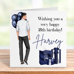 Tarjeta de cumpleaños personalizada para adolescente, con nombre y edad personalizados, temática azul marino y opciones de color de pelo.