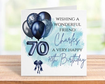 Personalised 70th birthday card for a man, blue balloon design, for dad, grandad, uncle, friend, papa, cousin, brother