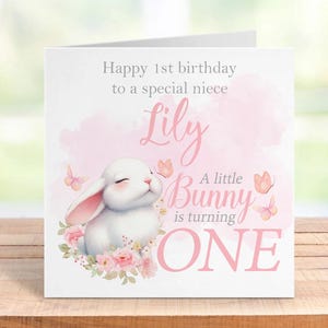 Carte personnalisée pour le 1er anniversaire d'une fille, lapin mignon, souvenir personnalisé pour fille, petite-fille ou nièce