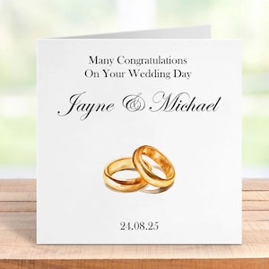 Carte de mariage personnalisée, bagues en or ou en argent, noms et date personnalisés, élégant souvenir de mariage