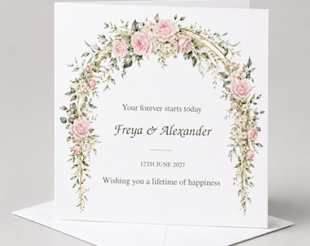 Personalised Wedding Day Card | Pink Rose Floral Arch | Any Names & Date | Romantic Congratulations Card for Newlyweds
