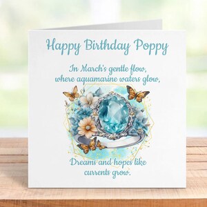 Tarjeta de cumpleaños personalizada con piedra de nacimiento de marzo, elegante diseño de aguamarina, regalo hecho a mano para ella