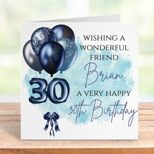 Cartão personalizado de 30º aniversário para ele | Nome e idade personalizados | Filho, irmão, marido, amigo | Design de balão azul prateado | Lembrança