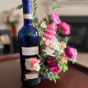 Wine Bottle Bouquet, Pink Hostess Gift, Florals for a Wine Bottle, Kitchen Florals, Wine Lover Gift, Wine Tasting Decor, Ice Cream Decor