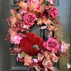 Fall  Wreath, Fall Porch Decor, Fall Floral Wreath , Pink Wreath, Designer Wreath,Velvet Pumpkin Wreath, Pink Velvet Decor,