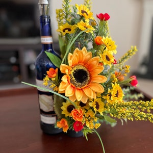 Wine Bottle Bouquet, Mother’s Day Gift, Floral Arrangement for Wine Bottle, Sunflower Bottle Bouquet , Wine Lover Gift, Wine Tasting Decor