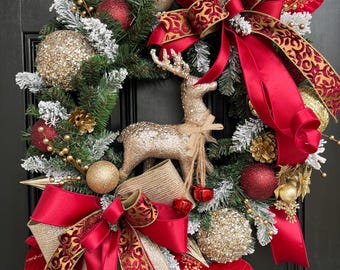Christmas Reindeer Wreath, Holiday Decor, Wreath, Designer Wreath, Whimsical Wreath, Golden Wreath, Holiday Door Hanger, Glam Wreath