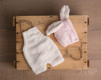 Outfit • Cuddle • White & Pink  Romper and Bonnet Set with Bunny Ears • Newborn Outfit • Easter • Photography Prop