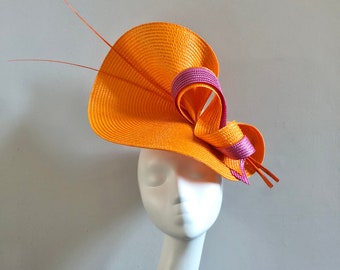 Orange Hot Pink Hat Quills Mother of Bride Groom Royal Ascot Races Formal Occasion Kentucky Derby Wedding Guest Church Hat