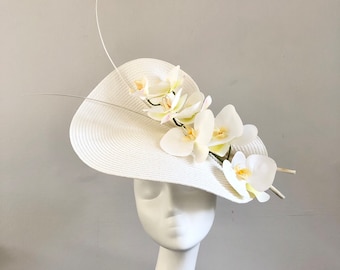 Ivory White Orchid Hat Fascinator Royal Ascot Races Kentucky Derby Mother of Bride Groom Wedding Guest Formal Occasion Large Church