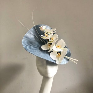 Light Blue Ivory Orchid Hat Fascinator Headpiece Mother of Bride Groom Wedding Guest Formal Event Occasion Ascot Races Derby Classic