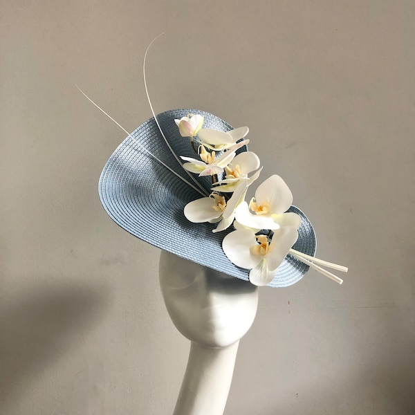 Light Blue Ivory Orchid Hat Fascinator Headpiece Mother of Bride Groom Wedding Guest Formal Event Occasion Ascot Races Derby Classic