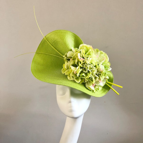Lime Green Hydrangea Hat Fascinator Headpiece Floral Mother of Bride Groom Ascot Races Kentucky Derby Wedding Event Occasion Guest Church