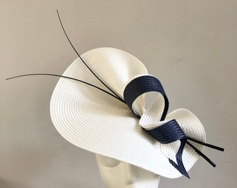 Ivory and Navy Hat Quills Mother of Bride Groom Wedding Guest Fascinator Royal Ascot Races Kentucky Derby Church Occasion Formal Event