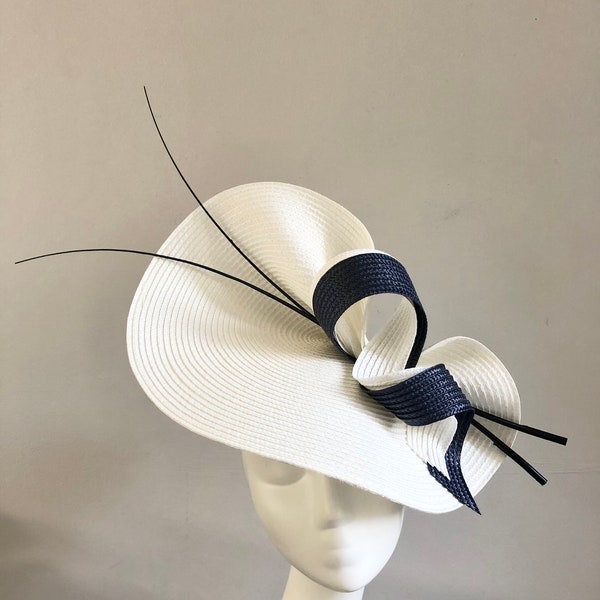 Ivory and Navy Hat Quills Mother of Bride Groom Wedding Guest Fascinator Royal Ascot Races Kentucky Derby Church Occasion Formal Event