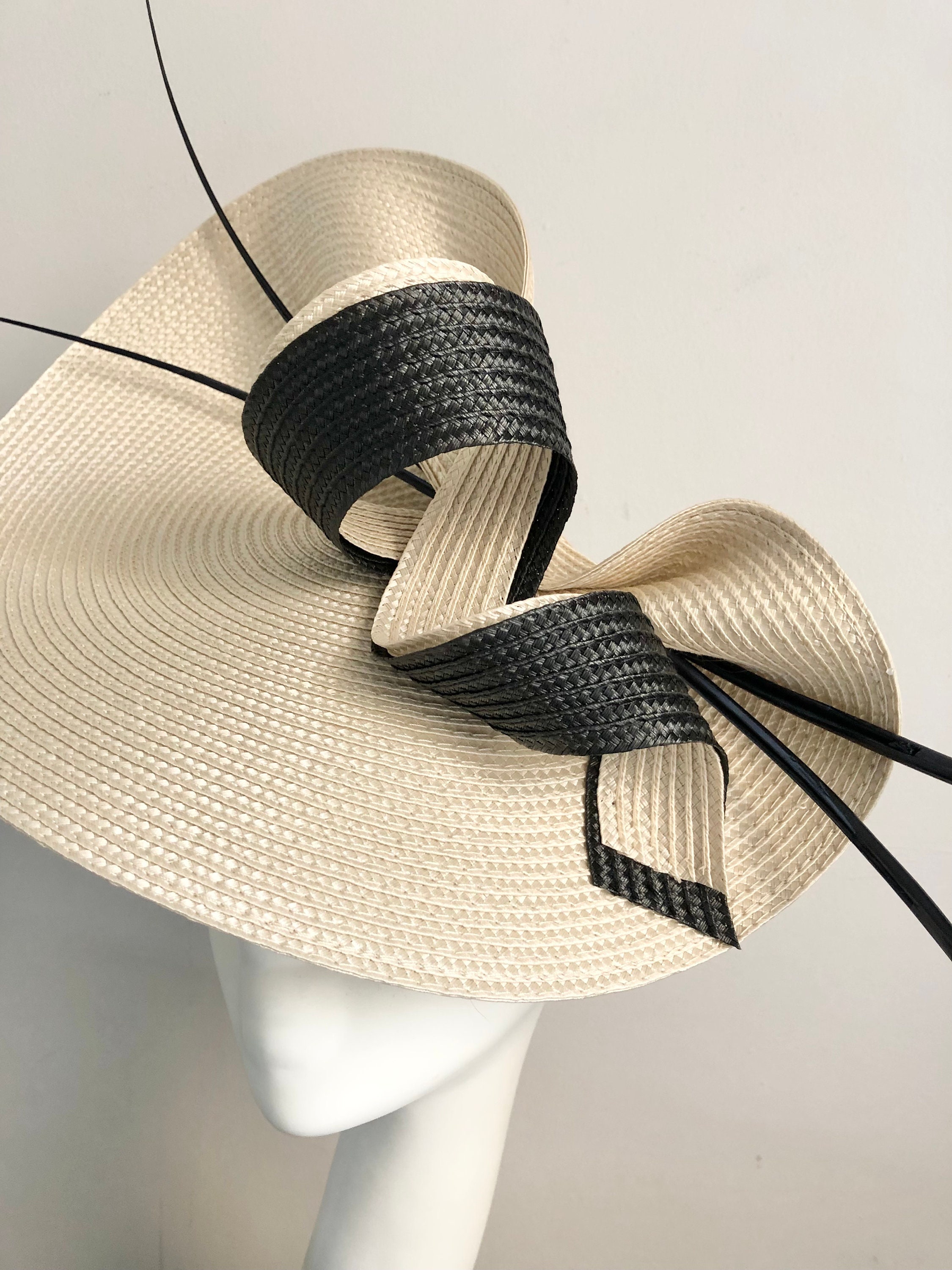 Vintage Black Fascinator Hat ? Gold Strip Swirl Fishnet Embellishments Straw Cap Black & Gold Sequin Rose Flower Feather Hat Fascinator Races  main image 3
