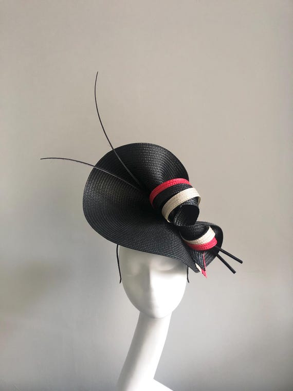 Black Fascinator Hat Beige Red Details Mother of Bride Groom 