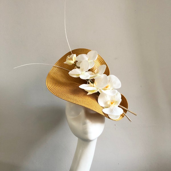 Mosterd Gele Hoed Ivoor Orchideeën Stekels Ascot Hoed Fascinator Moeder van de Bruid Bruidegom Bruiloft Gast Races Formele Gelegenheid Kerk Kentucky Derby