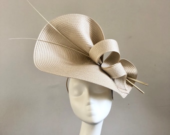 Beige Hat Swirls Quills Royal Ascot Races Kentucky Derby Mother of Bride Groom Wedding Guest Formal Occasion Church Large