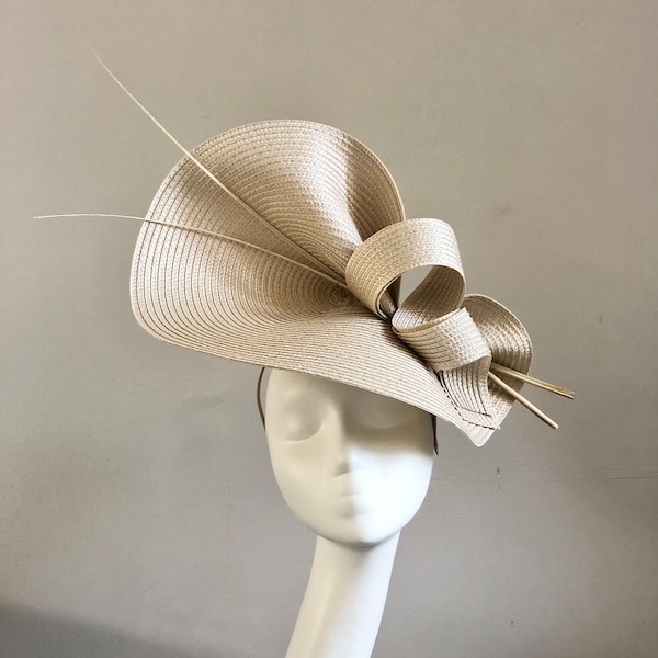 Beige Hat Swirls Quills Royal Ascot Races Kentucky Derby Mother of Bride Groom Wedding Guest Formal Occasion Church Large