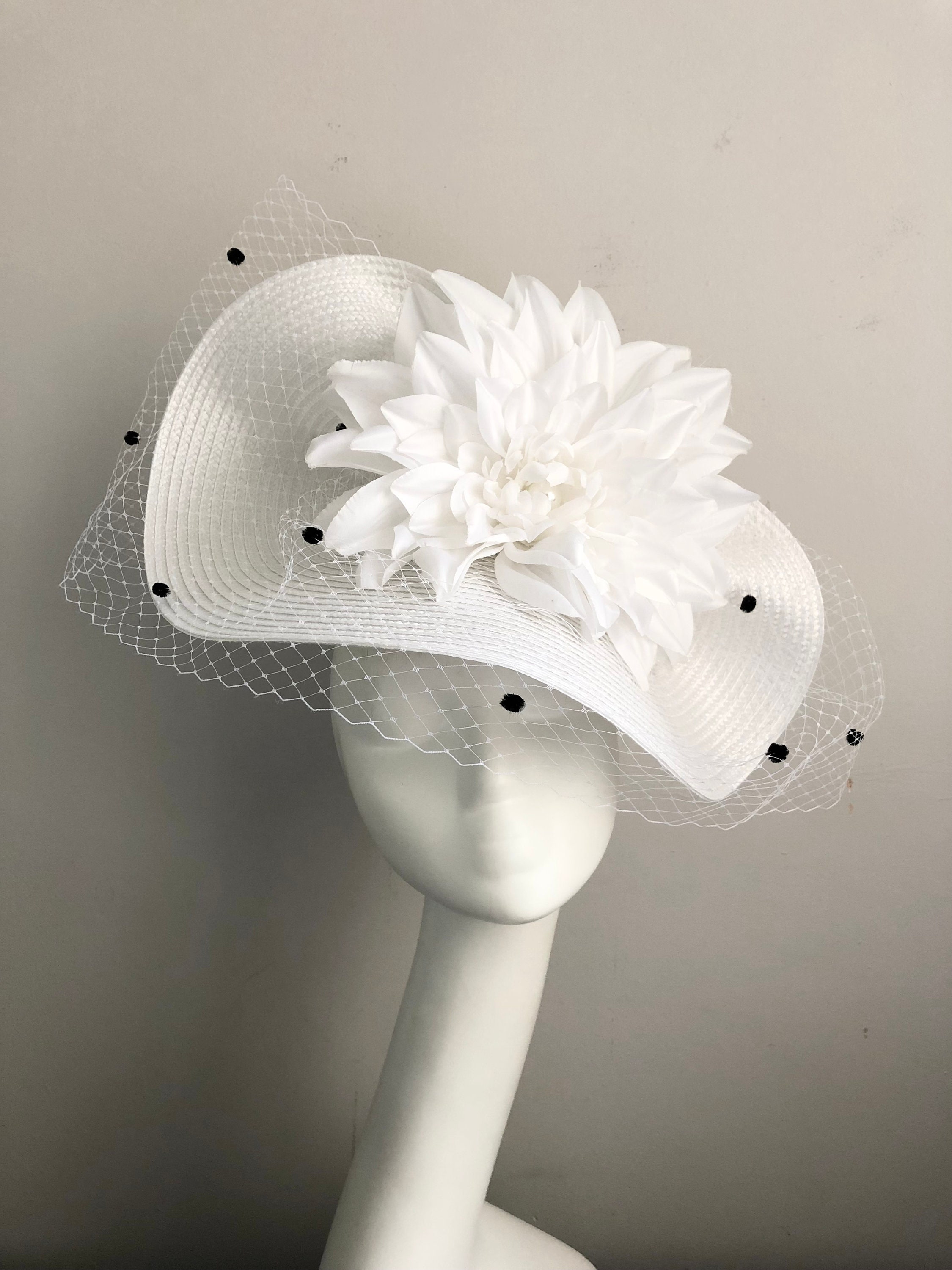 White Black Spot Hat Fascinator Mother of Bride Kentucky Derby