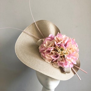 Beige Hat Light Pink Hydrangea Flowers Quills Mother of Bride Groom Wedding Guest Formal Fascinator Church Ascot Kentukcy Derby