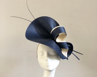 Navy Beige Hat Wedding Formal Event Occasion Mother of Bride Groom Royal Ascot Races Kentucky Derby Guest Large Fascinator Headpiece