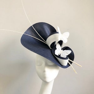 Navy Ivory Hat with Ivory Butterfly Quills Ascot Races Kentucky Derby Formal Occasion Wedding Guest Mother of Bride Groom Fascinator Church