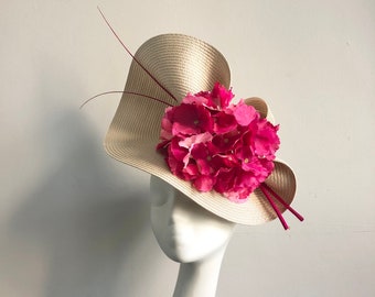 Beige Hot Pink Hat Hydrangea Quills Mother of Bride Groom Royal Ascot Races Kentucky Derby Wedding Guest Formal Occasion Church Hat