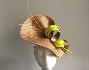 Camel & Lime Fascinator Hat, Royal Ascot Kentucky Derby Headpiece Mother of Bride Groom Wedding Guest Formal Occasion Oaks