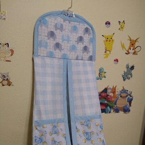 Hanging Diaper holder, diaper organizer, Towel or blanket holder. Elephant. Blue. Checkered