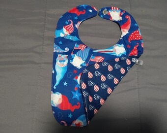 Large Reversible cotton Baby/Toddler bib with inner absorbent cotton layer. Magnetic Closure. Patriotic. Gnomes/ Glasses red white blue