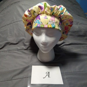 Bouffant style scrub cap. Yellow. Easter. Gnomes
