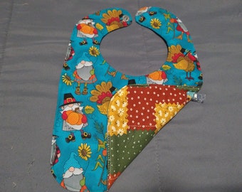 Large Reversible cotton Baby/Toddler bib with inner absorbent cotton layer. Magnetic Closure. Harvest Fall Autumn. Gnomes and Turkeys