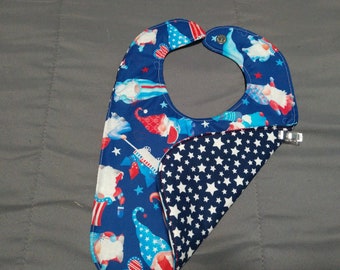 Large Reversible cotton Baby/Toddler bib with inner absorbent cotton layer. Magnetic Closure. Patriotic. Gnomes/ stars Blue