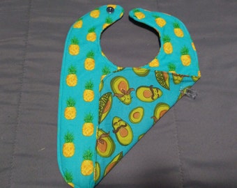 Large Reversible cotton Baby/Toddler bib with inner absorbent cotton layer. Magnetic Closure. Avocado / Pineapple