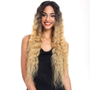 Two Tone Black and Blond Lace Front Wig Long Wavy Synthetic Wig- 130% Density - Lenght 30&#39;&#39;- Free Shipping